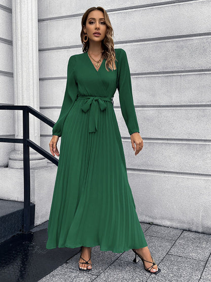 Maxi dresses- Elegant Autumn Long Sleeve Surplice Neck Plisse Belt-Tie Maxi Dress- Green- Pekosa Women Clothing