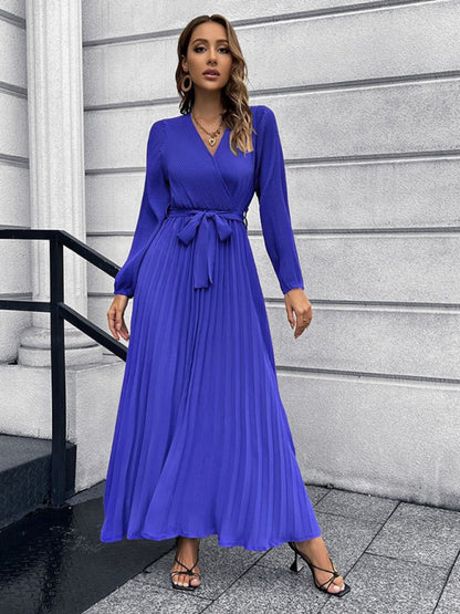 Maxi dresses- Elegant Autumn Long Sleeve Surplice Neck Plisse Belt-Tie Maxi Dress- Blue- Pekosa Women Clothing