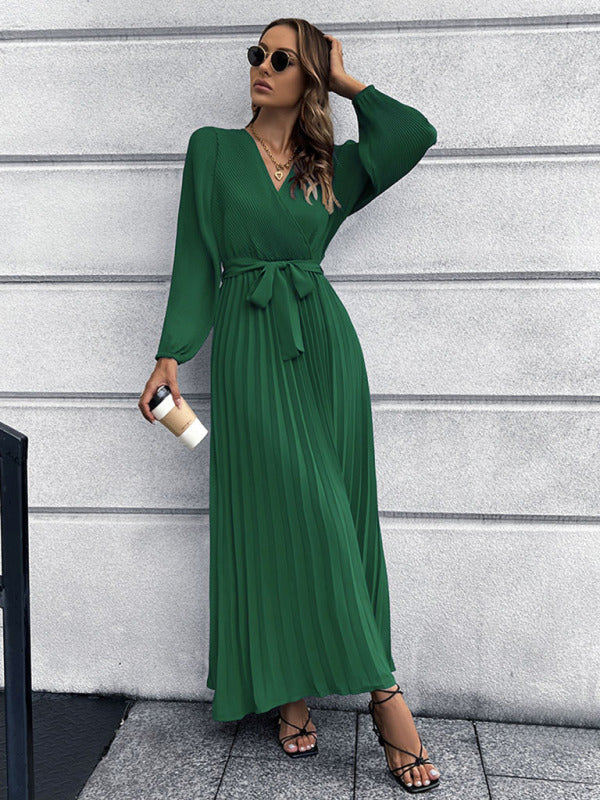 Maxi dresses- Elegant Autumn Long Sleeve Surplice Neck Plisse Belt-Tie Maxi Dress- - Pekosa Women Clothing