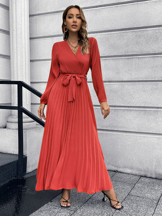 Maxi dresses- Elegant Autumn Long Sleeve Surplice Neck Plisse Belt-Tie Maxi Dress- Red- Pekosa Women Clothing