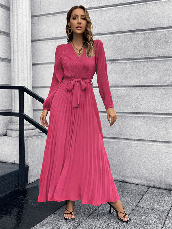 Maxi dresses- Elegant Autumn Long Sleeve Surplice Neck Plisse Belt-Tie Maxi Dress- Rose- Pekosa Women Clothing