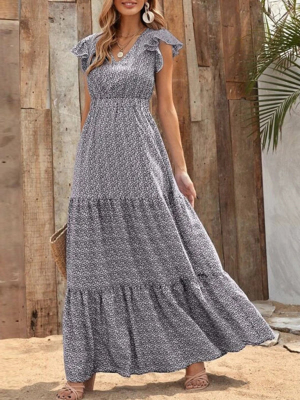 Maxi dresses- Floral Tiered V-Neck Smocked Waist Maxi Dress- Grey- Pekosa Women Clothing