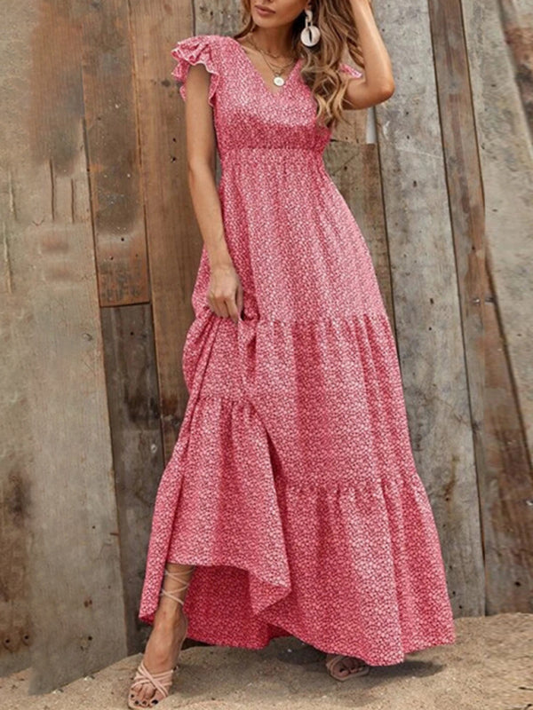 Maxi dresses- Floral Tiered V-Neck Smocked Waist Maxi Dress- - Pekosa Women Clothing