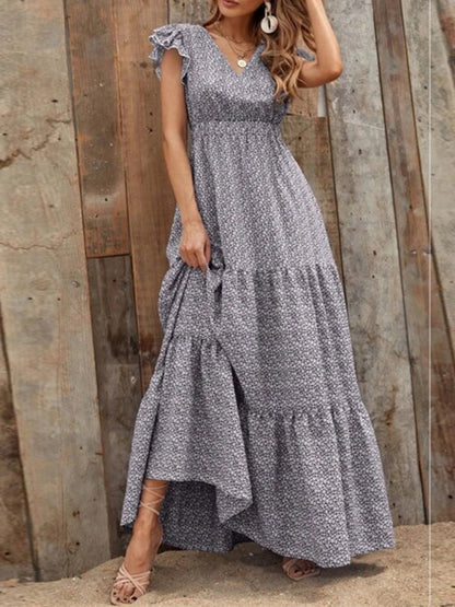 Maxi dresses- Floral Tiered V-Neck Smocked Waist Maxi Dress- - Pekosa Women Clothing