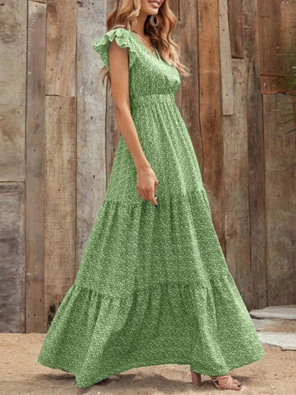 Maxi dresses- Floral Tiered V-Neck Smocked Waist Maxi Dress- - Pekosa Women Clothing