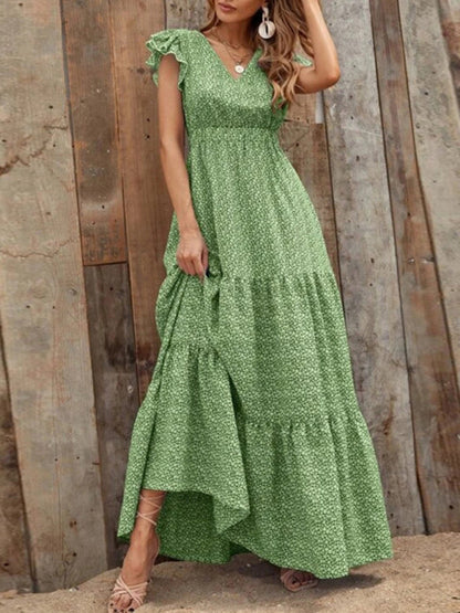 Maxi dresses- Floral Tiered V-Neck Smocked Waist Maxi Dress- - Pekosa Women Clothing