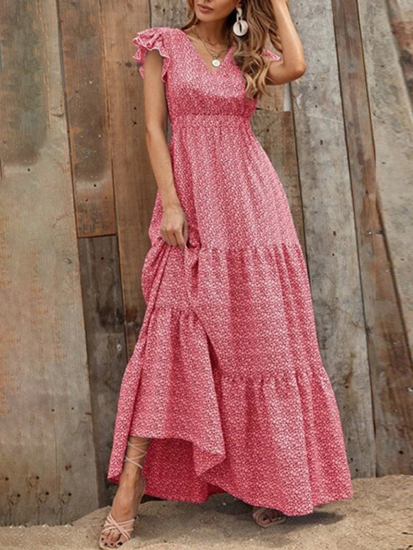 Maxi dresses- Floral Tiered V-Neck Smocked Waist Maxi Dress- - Pekosa Women Clothing