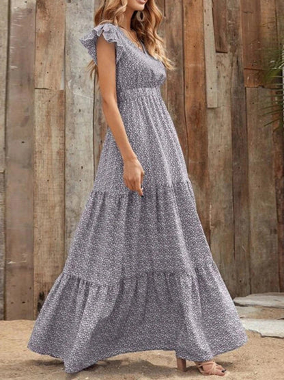 Maxi dresses- Floral Tiered V-Neck Smocked Waist Maxi Dress- - Pekosa Women Clothing