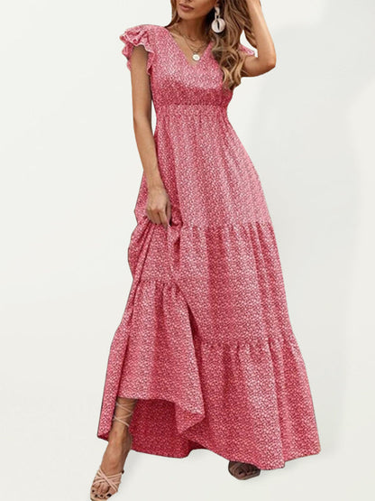 Maxi dresses- Floral Tiered V-Neck Smocked Waist Maxi Dress- Red- Pekosa Women Clothing