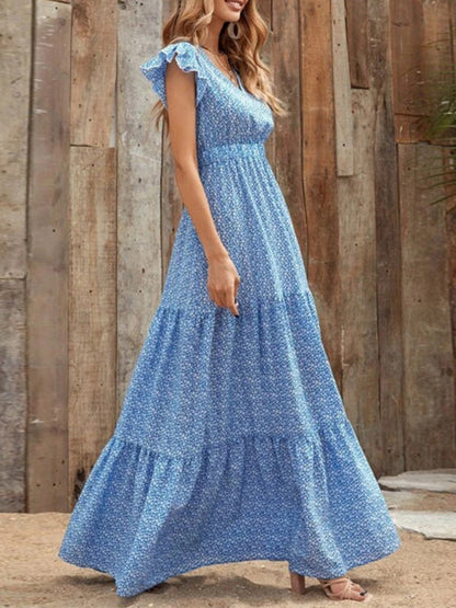 Maxi dresses- Floral Tiered V-Neck Smocked Waist Maxi Dress- - Pekosa Women Clothing