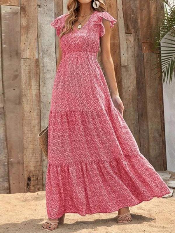 Maxi dresses- Floral Tiered V-Neck Smocked Waist Maxi Dress- - Pekosa Women Clothing