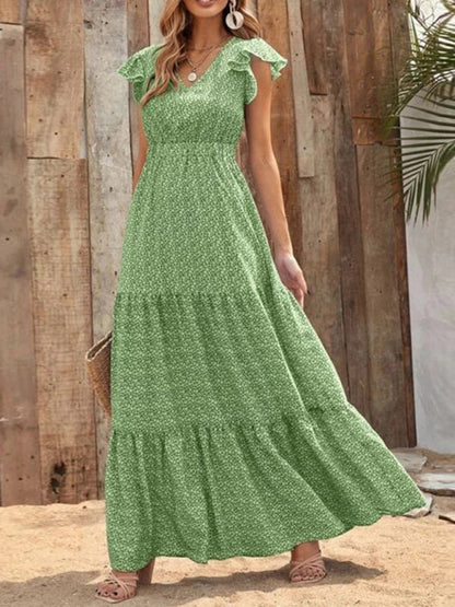 Maxi dresses- Floral Tiered V-Neck Smocked Waist Maxi Dress- Green- Pekosa Women Clothing