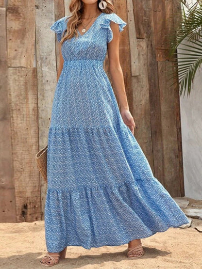 Maxi dresses- Floral Tiered V-Neck Smocked Waist Maxi Dress- Blue- Pekosa Women Clothing