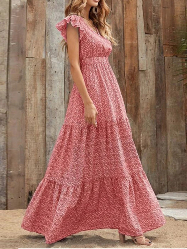 Maxi dresses- Floral Tiered V-Neck Smocked Waist Maxi Dress- - Pekosa Women Clothing