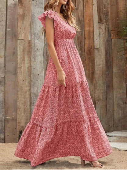 Maxi dresses- Floral Tiered V-Neck Smocked Waist Maxi Dress- - Pekosa Women Clothing