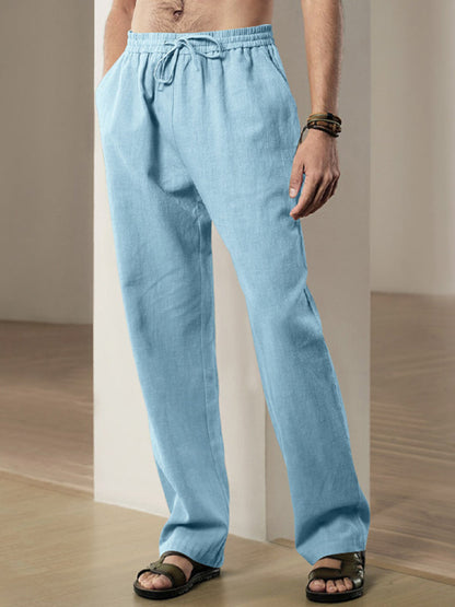 Men Pants- Men’s Linen Textured Lounge Trousers - Straight Leg Pants- Clear blue- Pekosa Women Fashion