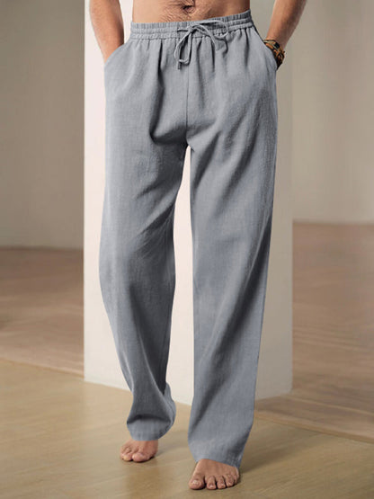 Men Pants- Men’s Linen Textured Lounge Trousers - Straight Leg Pants- Grey- Pekosa Women Fashion