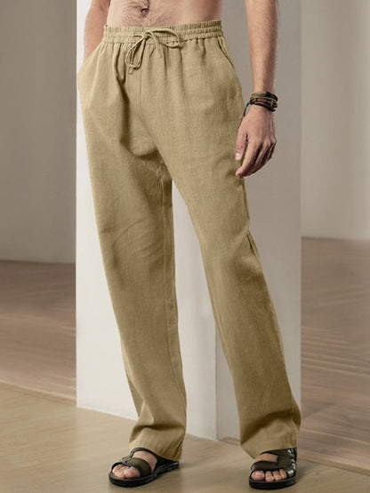 Men Pants- Men’s Linen Textured Lounge Trousers - Straight Leg Pants- - Pekosa Women Fashion