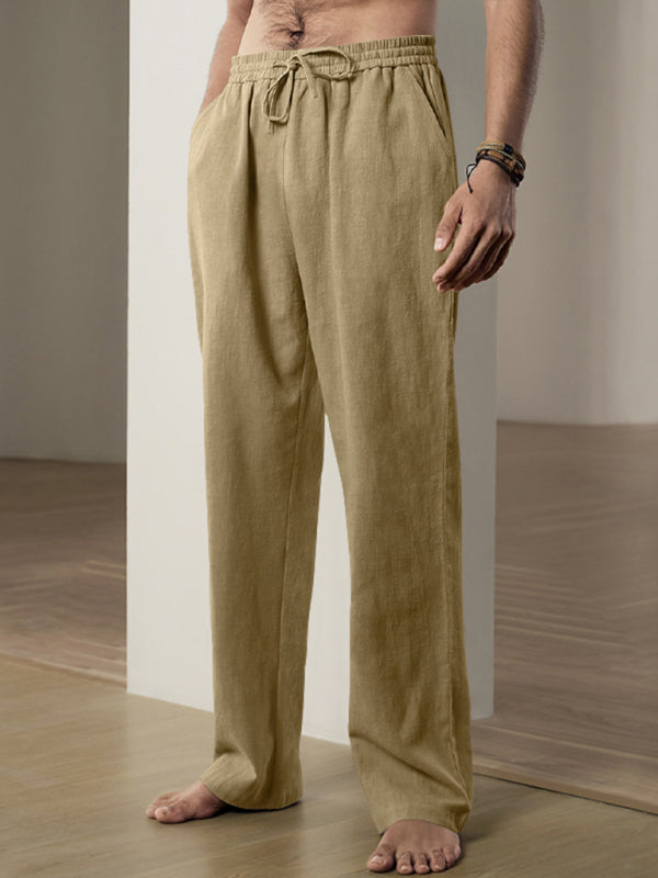 Men Pants- Men’s Linen Textured Lounge Trousers - Straight Leg Pants- - Pekosa Women Fashion