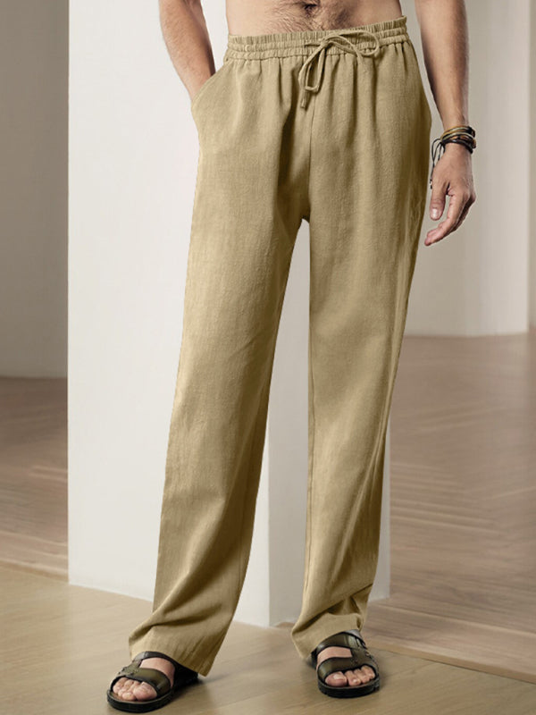 Men Pants- Men’s Linen Textured Lounge Trousers - Straight Leg Pants- - Pekosa Women Fashion