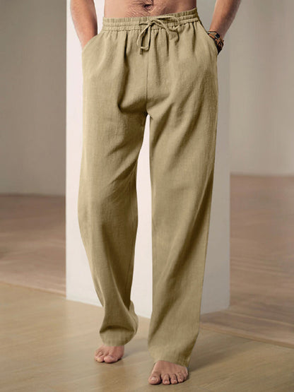 Men Pants- Men’s Linen Textured Lounge Trousers - Straight Leg Pants- - Pekosa Women Fashion