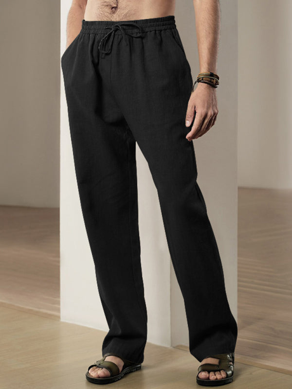 Men Pants- Men’s Linen Textured Lounge Trousers - Straight Leg Pants- Black- Pekosa Women Fashion