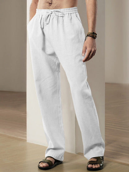 Men Pants- Men’s Linen Textured Lounge Trousers - Straight Leg Pants- - Pekosa Women Fashion