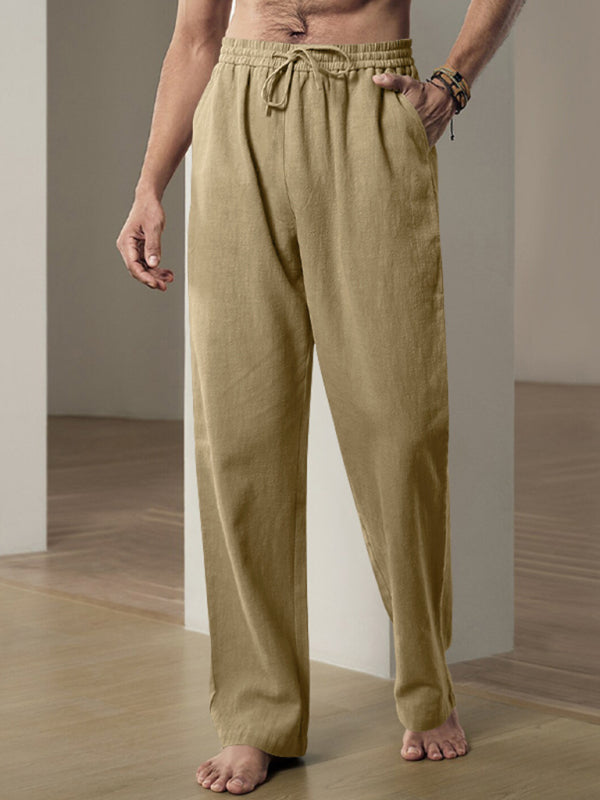 Men Pants- Men’s Linen Textured Lounge Trousers - Straight Leg Pants- Khaki- Pekosa Women Fashion