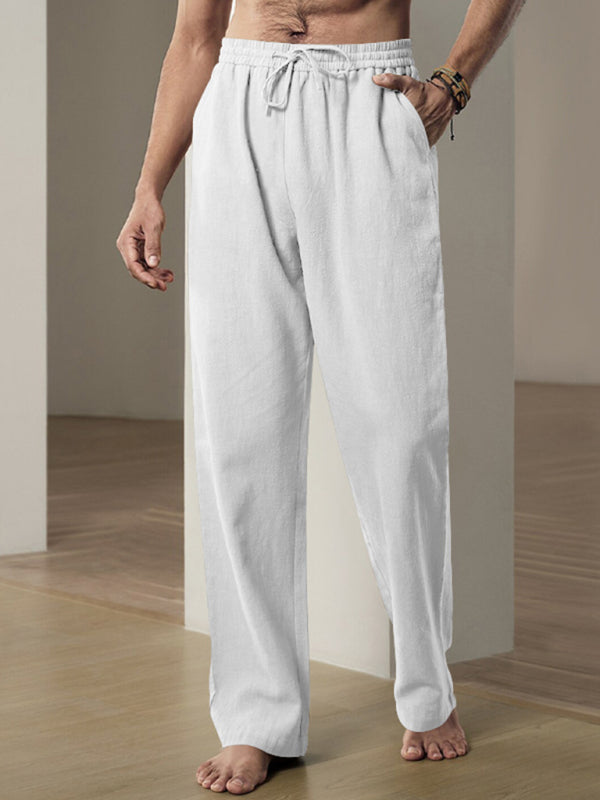 Men Pants- Men’s Linen Textured Lounge Trousers - Straight Leg Pants- White- Pekosa Women Fashion