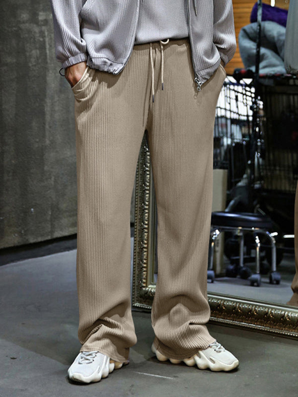 Men Pants- Men’s Ribbed Lounge Trousers - Loose Straight-Leg Pants- Khaki- Pekosa Women Fashion