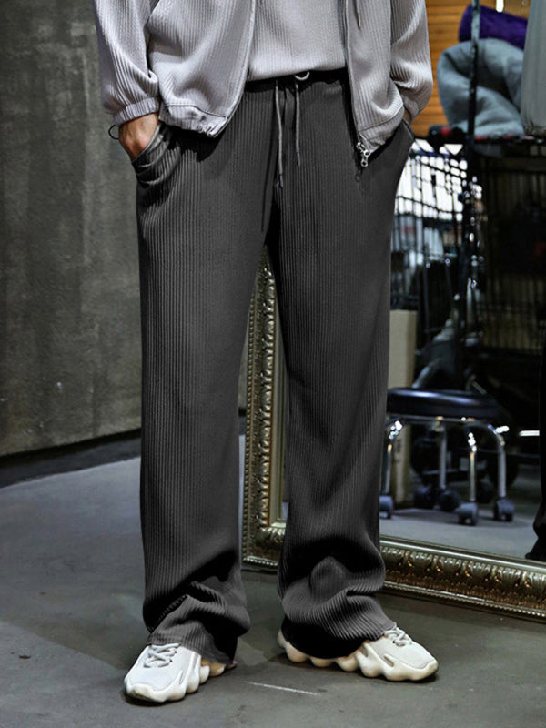 Men Pants- Men’s Ribbed Lounge Trousers - Loose Straight-Leg Pants- Charcoal grey- Pekosa Women Fashion