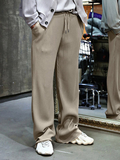 Men Pants- Men’s Ribbed Lounge Trousers - Loose Straight-Leg Pants- - Pekosa Women Fashion