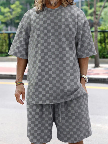 Men Summer outfits- Men’s Casual Oversized 2-Piece Summer Outfit - Textured T-Shirt and Shorts- Grey- Pekosa Women Fashion