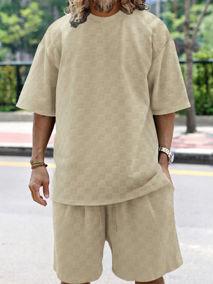 Men Summer outfits- Men’s Casual Oversized 2-Piece Summer Outfit - Textured T-Shirt and Shorts- Khaki- Pekosa Women Fashion