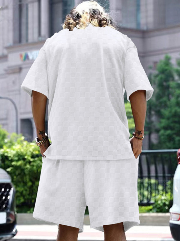 Men Summer outfits- Men’s Casual Oversized 2-Piece Summer Outfit - Textured T-Shirt and Shorts- - Pekosa Women Fashion