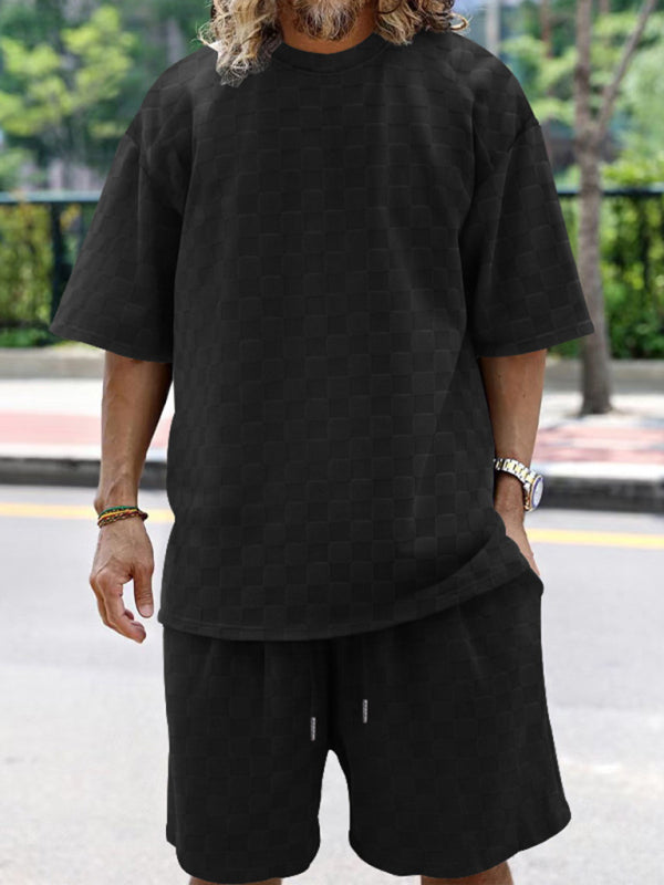 Men Summer outfits- Men’s Casual Oversized 2-Piece Summer Outfit - Textured T-Shirt and Shorts- Black- Pekosa Women Fashion