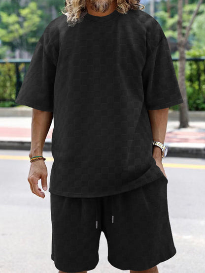 Men Summer outfits- Men’s Casual Oversized 2-Piece Summer Outfit - Textured T-Shirt and Shorts- Black- Pekosa Women Fashion