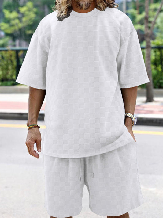 Men Summer outfits- Men’s Casual Oversized 2-Piece Summer Outfit - Textured T-Shirt and Shorts- White- Pekosa Women Fashion
