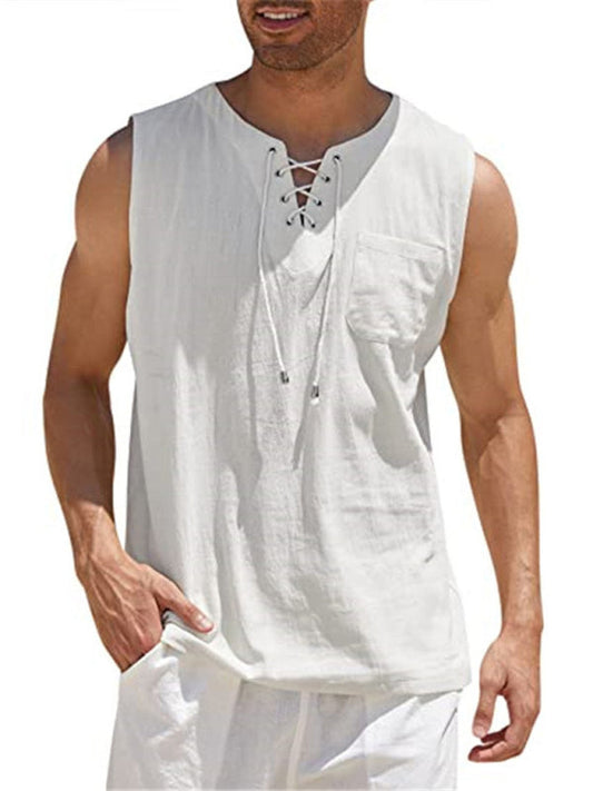 Men's Sleeveless Tops- Solid Cotton Blend Lace-Up Sleeveless Top Vest for Men- White- Pekosa Women Clothing