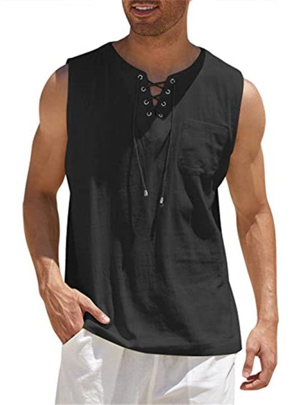 Men's Sleeveless Tops- Solid Cotton Blend Lace-Up Sleeveless Top Vest for Men- Black- Pekosa Women Clothing