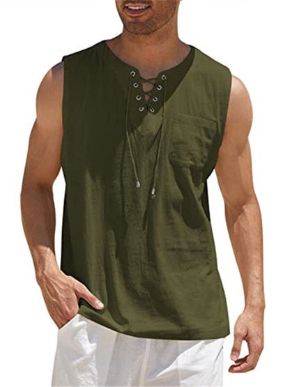 Men's Sleeveless Tops- Solid Cotton Blend Lace-Up Sleeveless Top Vest for Men- Olive green- Pekosa Women Clothing