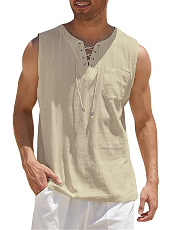 Men's Sleeveless Tops- Solid Cotton Blend Lace-Up Sleeveless Top Vest for Men- - Pekosa Women Clothing