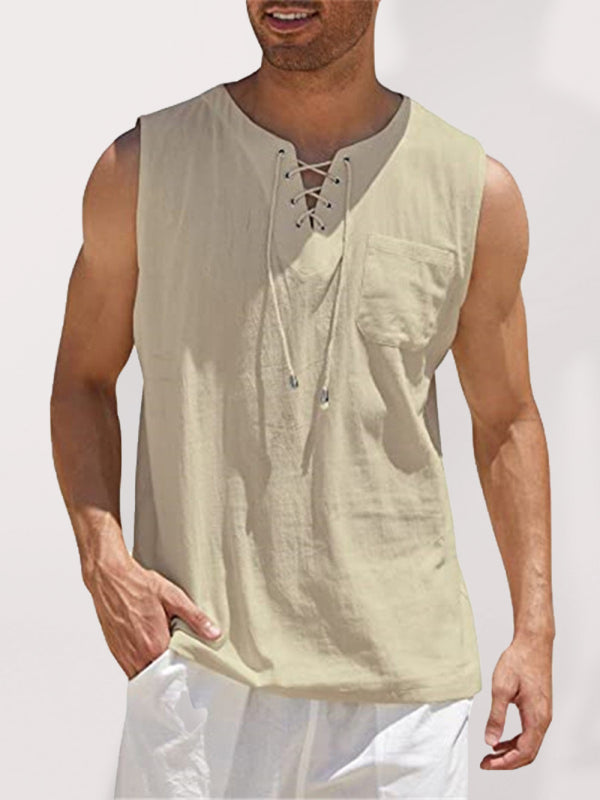 Men's Sleeveless Tops- Solid Cotton Blend Lace-Up Sleeveless Top Vest for Men- Khaki- Pekosa Women Clothing