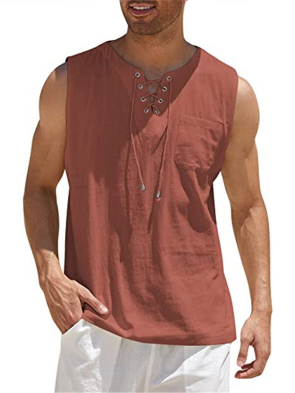 Men's Sleeveless Tops- Solid Cotton Blend Lace-Up Sleeveless Top Vest for Men- Brick red- Pekosa Women Clothing