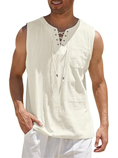 Men's Sleeveless Tops- Solid Cotton Blend Lace-Up Sleeveless Top Vest for Men- Cracker khaki- Pekosa Women Clothing