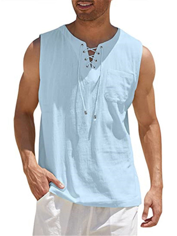 Men's Sleeveless Tops- Solid Cotton Blend Lace-Up Sleeveless Top Vest for Men- Clear blue- Pekosa Women Clothing