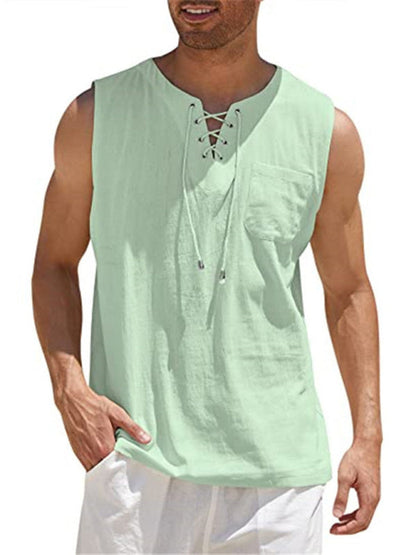 Men's Sleeveless Tops- Solid Cotton Blend Lace-Up Sleeveless Top Vest for Men- Green- Pekosa Women Clothing