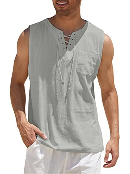 Men's Sleeveless Tops- Solid Cotton Blend Lace-Up Sleeveless Top Vest for Men- Grey- Pekosa Women Clothing