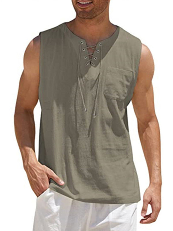 Men's Sleeveless Tops- Solid Cotton Blend Lace-Up Sleeveless Top Vest for Men- Camel- Pekosa Women Clothing