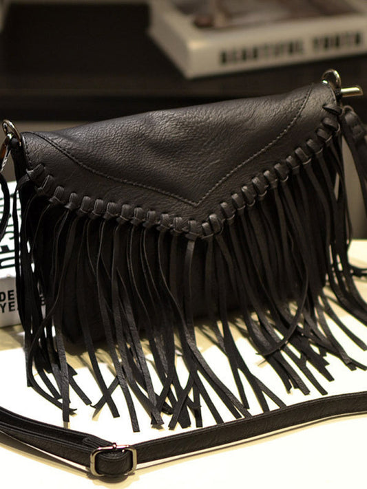 Messenger Bags- Faux Leather Fringe Messenger Bag - Envelope Purse- Black- Pekosa Women Clothing